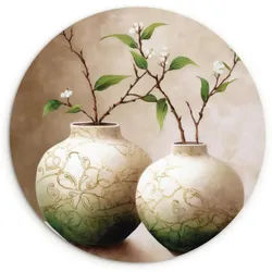 MuchoWow Wandbild Blumen - Vase - Weiß - Botanisch - Beige 90x90 cm , Ecru , Kunststoff , Rund , 90x90 cm , einfache und schnelle Anbringung , Bilder & Rahmen, Bilderrahmen, Bilderrahmen & Fotorahmen