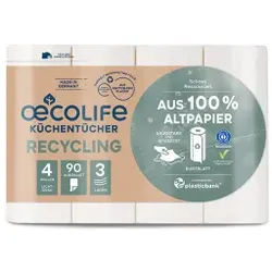 Fripa oceolife Küchenrolle, RECYCLING, 3-lagig, lichtgrau, Saugfähiges Küchenpapier aus 100% Altpapier, 1 Packung = 4 Rollen à 90 Blatt