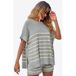 Imily Bela Hausanzug Damen Sommerliche Strick Lounge Shorts Sets (Set, 2 tlg., Kurzarm-Tops mit Fledermausärmeln + Shorts mit hohem Bund) Streifen grau XL(42)