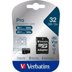 Verbatim microSDHC-Card 32GB, PRO, U3, UHS-I, 4K UHD (R) 90MB/s, (W) 45MB/s, SD Adapter, Retail-Blister