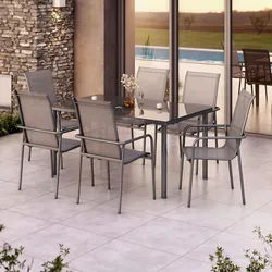 Ambia Garden Gartentischgruppe , Grau , Metall, Glas, Textil , 284x204x100 cm , Gartenmöbel, Gartengarnituren, Gartenmöbel-sets