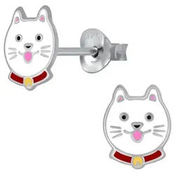 Order & Smile Schmuck Paar Ohrstecker Kinderohrstecker: Mädchen Ohrringe Silber „Katze“ weiß
