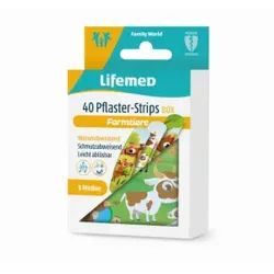 Lifemed® Pflaster-Strips Box, 5,6 cm x 1,9 cm, Wiederverwendbare Zinkbox, 1 Box = 40 Stück, 3 Kids-Like Farmtier Motiven