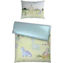 Patinio Babybettwäsche , Grün, Weiß , Textil , Dinosaurier , 100x135 cm , Gots, Bsci, DIN EN ISO 50001, DIN EN ISO 9001, Oeko-Tex® Standard 100, Organic Content Standard (Ocs) 100, Oeko-Tex® Made IN Green , pflegeleicht, atmungsaktiv, samtiger Griff, 100% feinster Baumwollsatin mit Seiden-Finish , Schlafen, Babytextil-Kollektionen