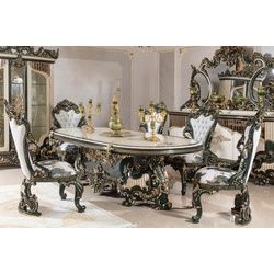 Casa Padrino Luxus Barock Esszimmer Set Weiß / Grün / Gold - 1 Barock Esstisch & 6 Barock Esszimmerstühle - Barock Esszimmer Möbel - Luxus Möbel im Barockstil - Edel & Prunkvoll - Luxus Qualität