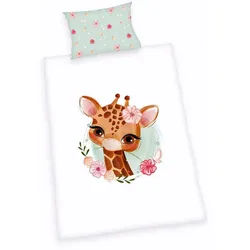 Herding Babybettwäsche 100x135cm süße Giraffe im Blumenmeer, Flanell, 2 teilig, Giraffenkopf, Blumen, Wendebettwäsche bunt