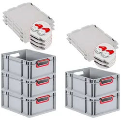 PROREGAL 5x Eurobox NextGen Color mit Scharnierdeckel & Verschlüssen | HxBxT 17x30x40cm | 16 Liter | Griffe rot offen | Glatter Boden