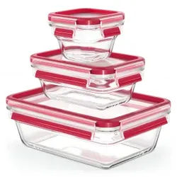 EMSA Clip & Close Frischhaltedosen Glas, 3-teiliges Set, rot, 100% Ofenfest, aus Diamantglas, Set besteht aus: 1 x 180 ml, 1 x 450 ml, 1 x 1300 ml Dosen