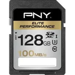 PNY SDXC Card 128GB, PNY Class 10, Elite Perf (SDXC, 128 GB, U3, UHS-I), Speicherkarte, Schwarz, Silber