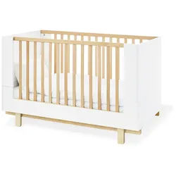 Pinolino Gitterbett , Weiß, Ahornfarben , Holz, Holzwerkstoff , Buche , massiv, Schichtholz , 70x140 cm , zum Juniorbett umbaubar, höhenverstellbar, zum Sitzsofa umbaubar, Lattenrost inklusive, Schlupfsprossen , Babymöbel & Kindermöbel, Babyzimmer, Babyzimmer-Serien