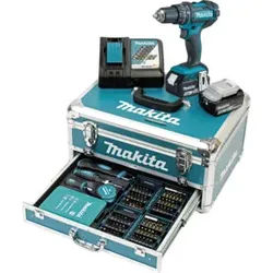 Makita Akku-Schlagbohrschrauber 18V / 3,0 Ah, 2 Akkus + Ladegerät im Alukoffer + 96-tlg. Zubehör-Set