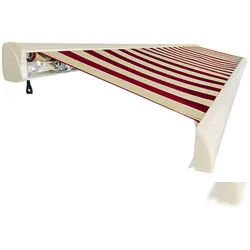 Spettmann VC30 Vollkassettenmarkise mit Funkmotor links mit Nothandkurbelfunktion 400x300cm Gestellfarbe weiss, Dessin bordeaux/beige gestreift