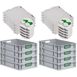 PROREGAL 8x Eurobox NextGen Color mit Scharnierdeckel & Verschlüssen | HxBxT 12x40x60cm | 23 Liter | Griffe grün offen | Glatter Boden