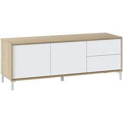 Dmora TV-Ständer Cary, Sideboard für Fernseher mit 2 Türen, TV-Ständer im Wohnzimmer, Fernsehschrank, 130x41h47 cm, Eiche und Weiß