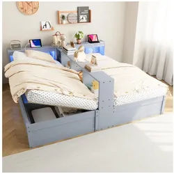 HAUSS SPOLE Kinderbett Kinderbett 90/180×200 Schlafsofa mit einer 90*200 Matratze,Grau (Funktionsbett Gästebett mit Hydraulikfunktion und Steckdosen, mit mehrfarbigen LED und einer 90*200 Matratze), Flexible zu zwei 90×200cm Einzelbetten oder einem 180×200cm Doppelbett grau