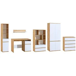 Deine Möbel 24 Jugendzimmer-Set ARCO A Kinderzimmer-Set Kindermöbel Jugendmöbel, (Set, 6-tlg., Kleiderschrank Kommode Schreibtisch Regal Hochkommode Hängeregal), 1+3+7+5+4+8 Weiß Matt beige