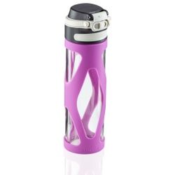 Leifheit Glas Flip Trinkflasche, 600 ml, Praktischer und nachhaltiger Getränkebehälter für Unterwegs, Farbe: lila