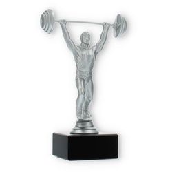 Pokal Kunststofffigur Gewichtheber silbermetallic auf schwarzem Marmorsockel 18,5cm