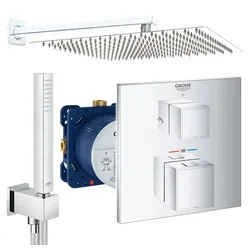Grohe und Jowi Duscharmatur Grohtherm Cube Thermostat, Regendusche, Unterputz Duschsystem (Unterputz-Duschsystem, Set) Thermostat silberfarben 36 cm