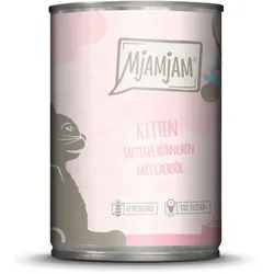 MJAMJAM Leckere Mahlzeit Kitten 400g Dose Katzennassfutter Sparpaket 12 x 400 Gramm saftiges Huhn mit Lachsöl