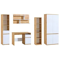 Deine Möbel 24 Jugendzimmer-Set ARCO B Kinderzimmer-Set Kindermöbel Jugendmöbel Kinderzimmer, (Set, 5-tlg., Regal Kleiderschrank Hängeregal Schreibtisch Bett optional), 3+7+11+12+1+9 (Bett optional) Weiß Matt Eiche Wotan beige