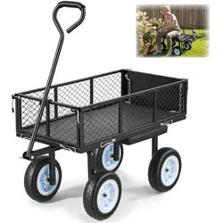 VEVOR Bollerwagen 226,8 kg Tragkraft, Gartenwagen mit Sitz & PU-Rädern, Transportwagen mit Werkzeugablage & Verstellbarem Griff, Gerätewagen für Rasen, Terrasse & Garten, Schwarz