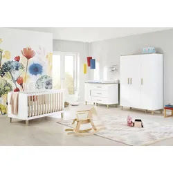 Pinolino Babyzimmer , Weiß, Eichefarben , Holzwerkstoff , 6 Fächer , 3 Schubladen , zum Juniorbett umbaubar, höhenverstellbar, Sprossen mit Normabstand, zum Sitzsofa umbaubar, Aufbauanleitung im Karton, Lattenrost inklusive, Schlupfsprossen , Babymöbel & Kindermöbel, Babyzimmer, Babyzimmer-Serien