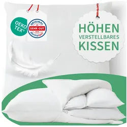 Welldora Kopfkissen Höhenverstellbar, Ergonomische Innovation: Anpassbar fest bis weich, Füllung: 100% Daunenfasern & Federn, Kissen fachärztlich geprüft, Oeko-Tex Zertifiziert in Deutschland 40 cm x 40 cm