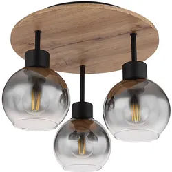Deckenleuchte Schlafzimmerlampe Deckenstrahler Holzoptik Glasschirm 3-flammig Deckenlampe, Metall MDF, 3x E27 Fassung, DxH 38x30 cm