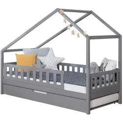 Mid.you Hausbett , Hellgrau , Textil , Birke,Kiefer , Schichtholz,massiv , H2 , Höhe ca. 16 cm , seitenverkehrt montierbar , 140x200 cm , transformierbar, nur für Rollroste geeignet, bodentiefer Einstieg , Babymöbel & Kindermöbel, Kinderzimmer & Jugendzimmer, Kinderbetten, Spielbetten