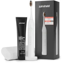 Zahnheld Elektrische Zahnbürste Schallzahnbürste Gero im Set mit Zahnpasta Natural White und Reiseetui, 5 Putzmodi, Zahnpflege Set, weiß, Mundpflege, Reisezahnbürste, Zahnbürste mit Schall, USB Ladestation weiß