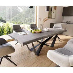 Esstisch Edge 220x100 XL Akazie Platin Spider Flachstahl Schwarz Live-Edge