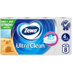 Zewa Ultra Clean Toilettenpapier, 4-lagig mit Strohanteil, Extra saugfähiges WC-Papier für die pflegende Reinigung, 1 Packung = 8 Rollen à 135 Blatt