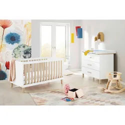 Pinolino Babyzimmer , Weiß, Eichefarben , Holzwerkstoff , 3 Schubladen , zum Juniorbett umbaubar, höhenverstellbar, Sprossen mit Normabstand, Aufbauanleitung im Karton, Lattenrost inklusive, Schlupfsprossen , Babymöbel & Kindermöbel, Babyzimmer, Babyzimmer-Serien