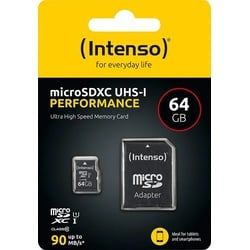 Intenso microSDXC Card 64GB, Performance, Class 10, U1 (R) 90MB/s, (W) 10MB/s, SD-Adapter, Retail-Blister
