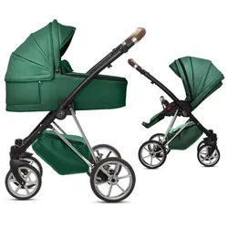 TPFFamily Kombi-Kinderwagen 2in1 Musse Royal, Baby Buggy Babywanne 5-Punkt-Sicherheitsgurt, Zubehör-Set Kinderwagen 2 in 1 Kunstleder Grün, Gestell Silber grün