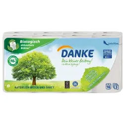 Danke Toilettenpapier, 3-lagig, weiß, Weiches Klopapier aus 100% recyceltem Altpapier, 1 Palette = 63 Packungen à 16 Rollen x 150 Blatt