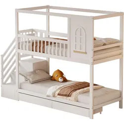 Okwish Etagenbett 90/200 cm Weiß mit Sicherheitszaun und Stauraum , Holz , 90x200 cm , Babymöbel & Kindermöbel, Kinderzimmer & Jugendzimmer, Stockbetten