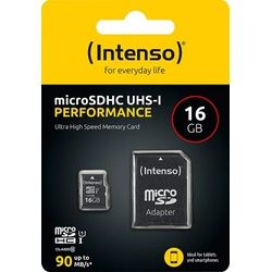 Intenso microSDHC Card 16GB, Performance, Class 10, U1 (R) 90MB/s, (W) 10MB/s, SD-Adapter, Retail-Blister