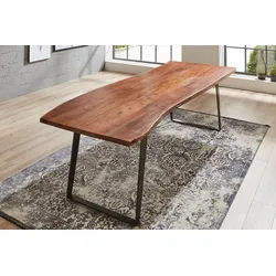 SAM® Baumkantentisch Arvika, massives Akazienholz, Baumkante, schräges Metallgestell U-Form braun 200 cm x 77 cm x 100 cm