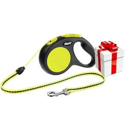 FLEXI New Neon Seil-Leine schwarz/neongelb S-5m, für Hunde bis 12kg + Überraschung für den Hund