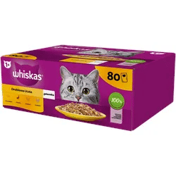 WHISKAS Adult Beutel 80 x 85 g Geflügelstückchen - Nassfutter für ausgewachsene Katzen in Gelee (Stückchen mit: Huhn, Ente, Geflügel, Pute)