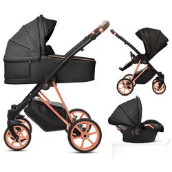 TPFFamily Kombi-Kinderwagen 3in1 Musse Royal, Baby Buggy Babywanne 5-Punkt-Sicherheitsgurt, Zubehör-Set Kinderwagen 3 in 1 Kunstleder Schwarz, Gestell Rosé Gold schwarz