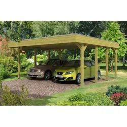 Skan Holz Friesland Doppelcarport - Breite 557 cm Nadelholz-Gr. 1 - 557 x 555 cm-Nut- und Feder Dachschalung mit EPDM-Dachfolie-imprägniert (farblich unbehandelt) Holzcarport