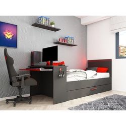 Ausziehbett Gamer mit Schreibtisch & LEDs + Lattenrost - 2 x 90 x 200 cm - Anthrazit & Rot - VOUANI