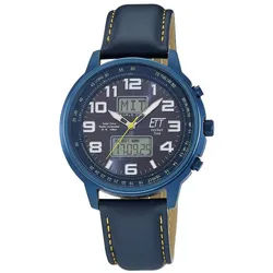 ETT Funkchronograph Hunter EGS-11734-32L, Armbanduhr, Solar, Herrenuhr, Lederarmband, analog, digital blau