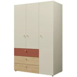 Deine Möbel 24 Kinderkleiderschrank Yogi 01 120/185 cm in Graubeige / Geölte Eiche / Koralle , Greige, Eichefarben, Koralle , Holzwerkstoff , 120x185x60 cm , Babymöbel & Kindermöbel, Babyzimmer, Babykleiderschränke