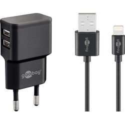 Goobay Apple Lightning Dual Ladeset 2,4 A - Netzteil mit 2x USB-Buchse und Apple Lightning-Kabel 1m (Schwarz)