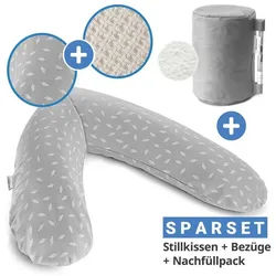 Theraline Stillkissen Das Original - Leaves & Feinstrick Creme, Schwangerschaftskissen, Seitenschläferkissen 190 cm inkl. Nachfüllpack grau