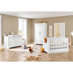 Pinolino Babyzimmer , Weiß , Holzwerkstoff , 3-teilig , 1 Fächer , 3 Schubladen , zum Juniorbett umbaubar, höhenverstellbar, Sprossen mit Normabstand, Aufbauanleitung im Karton, Lattenrost inklusive, Schlupfsprossen , Babymöbel & Kindermöbel, Babyzimmer, Babyzimmer-Serien